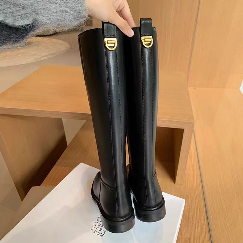 Round Toe Side Zipper Fleece-lined Long Biker Boots Women's Autumn And Winter