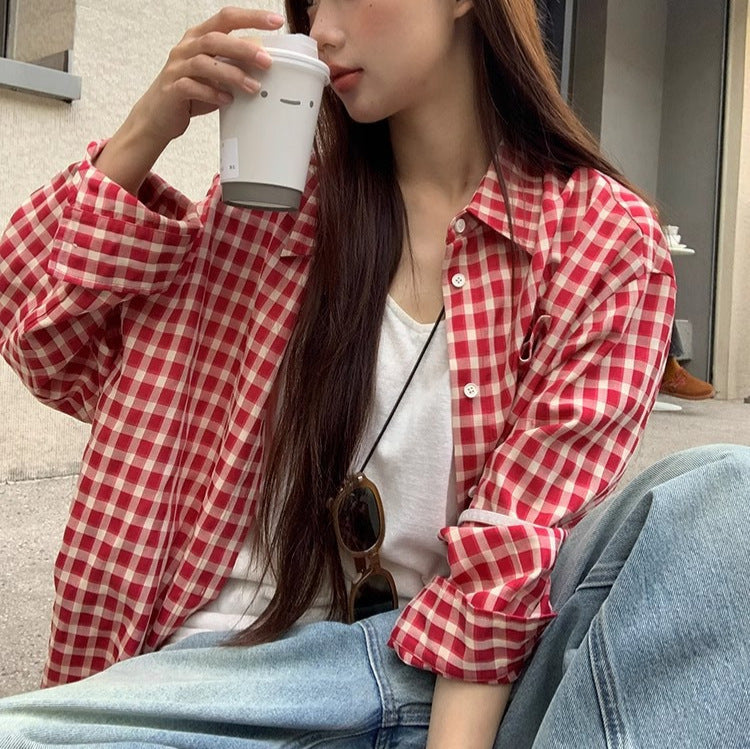 Red Plaid Shirt Cardigan Women's Long Sleeve Jacket