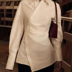 Cotton White Lapel Long Sleeve Waist Cross Irregular Shirt