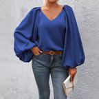 V-neck Lantern Sleeve Loose Long Sleeve Shirt
