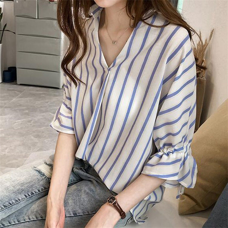 Lace-up Three-quarter Sleeve Striped Shirt For Women