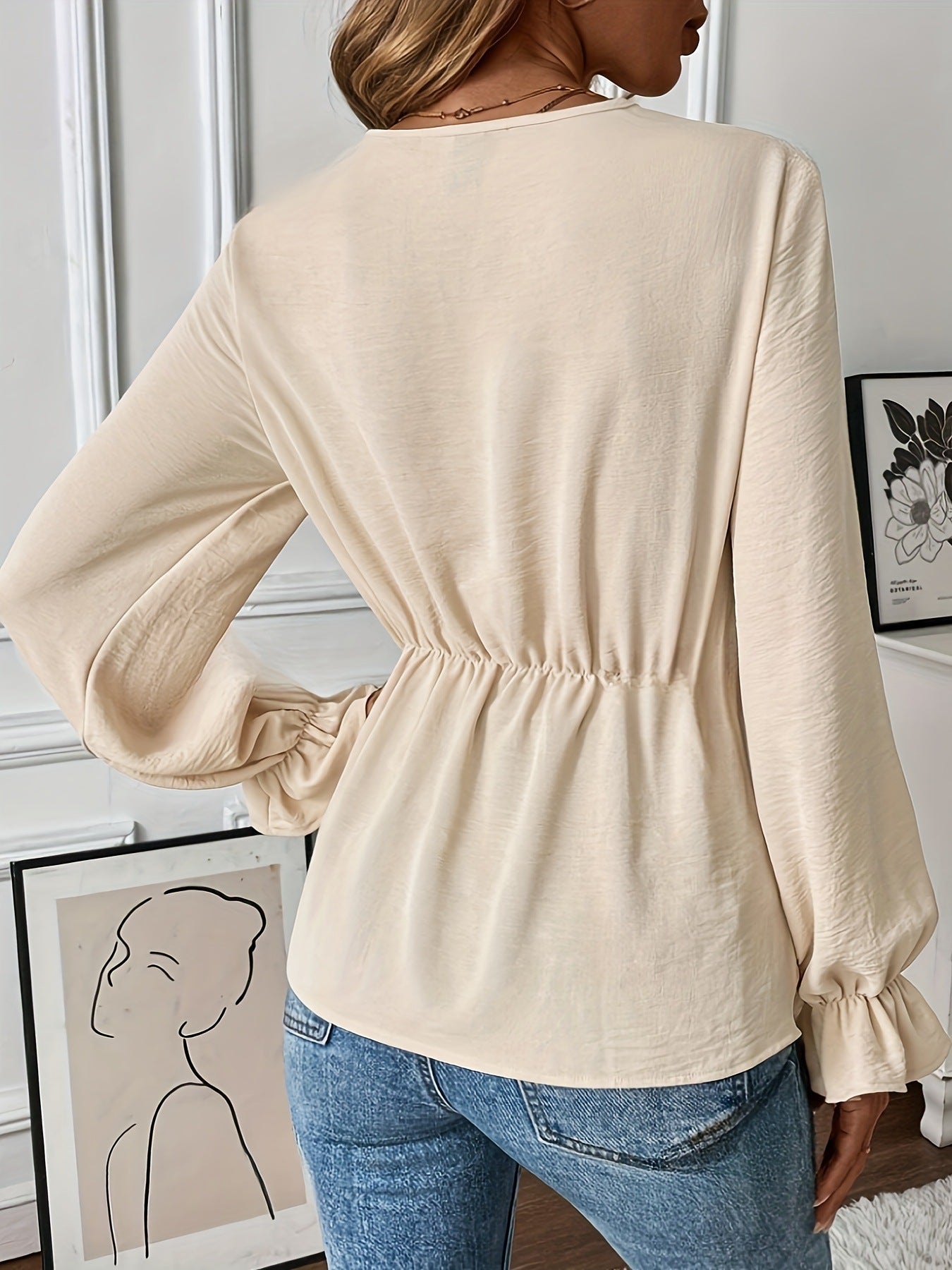 Women's Solid Color Elegant V-neck Long Sleeve Shirt Top