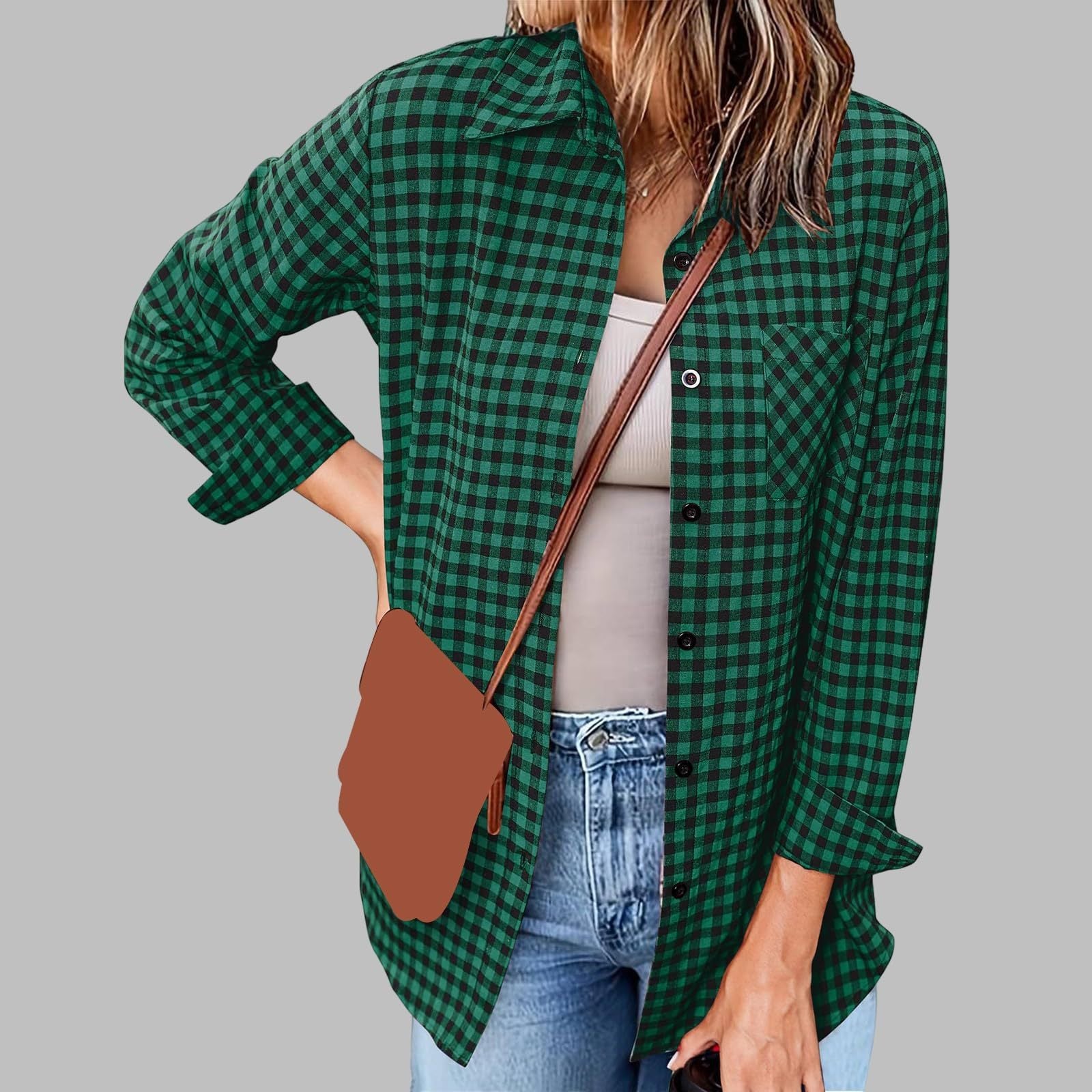 Printed Plaid Lapel Loose Long-sleeve Shirt Plaid Shirt