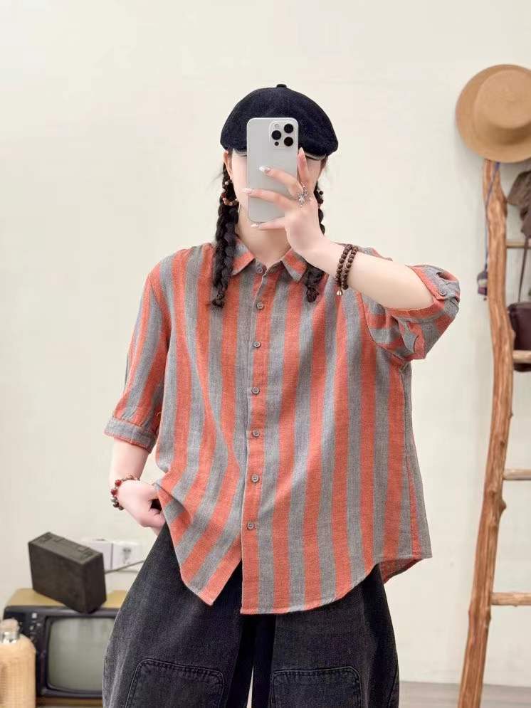 Wide Striped Printed Double-layer Yarn Loose Women's Cardigan Short Sleeve Shirt