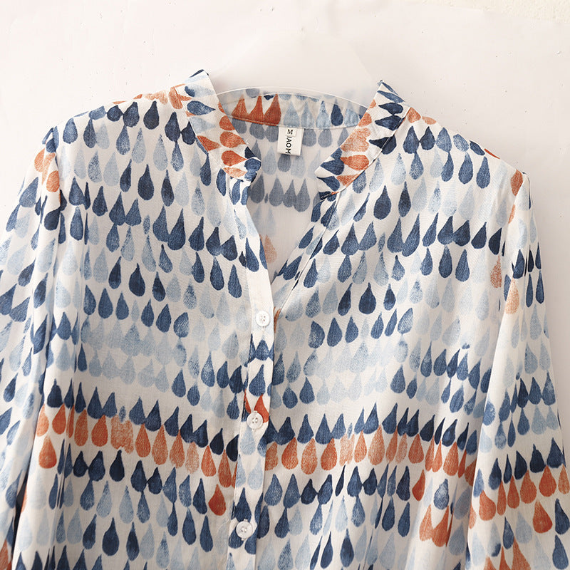 Chiffon Shirt Retro Art Floral Print Lapel Shirt