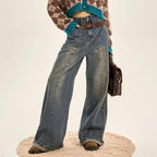 Thin Gradient Vintage Jeans Women Loose Wide-leg Straight Pants