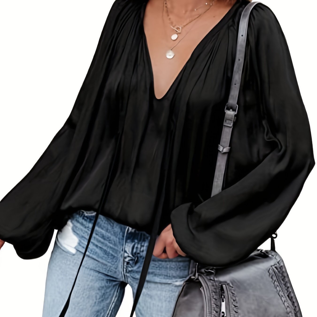 Women's Satin V-neck Long Sleeve Shirt Casual