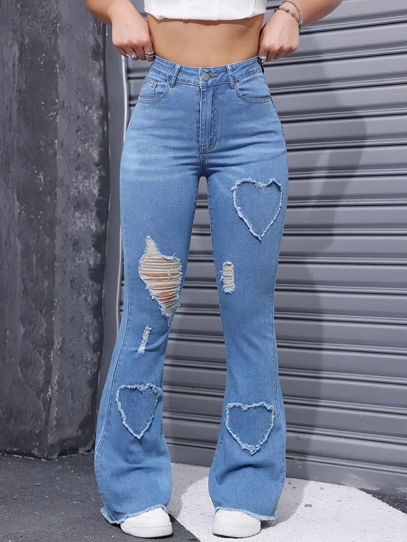 Washed Casual Heart-shaped Ripped Stretch Flared Jeans