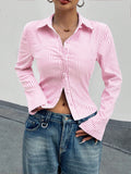 Fashion Casual All-match V-neck Striped Long Sleeve Shirt Top
